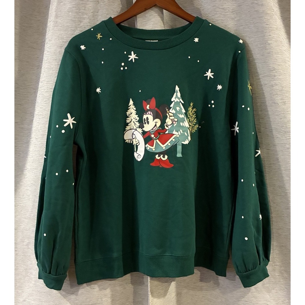 Disney Minnie Mouse Green Christmas Sweatshirt Snowflakes Large Limited Edition